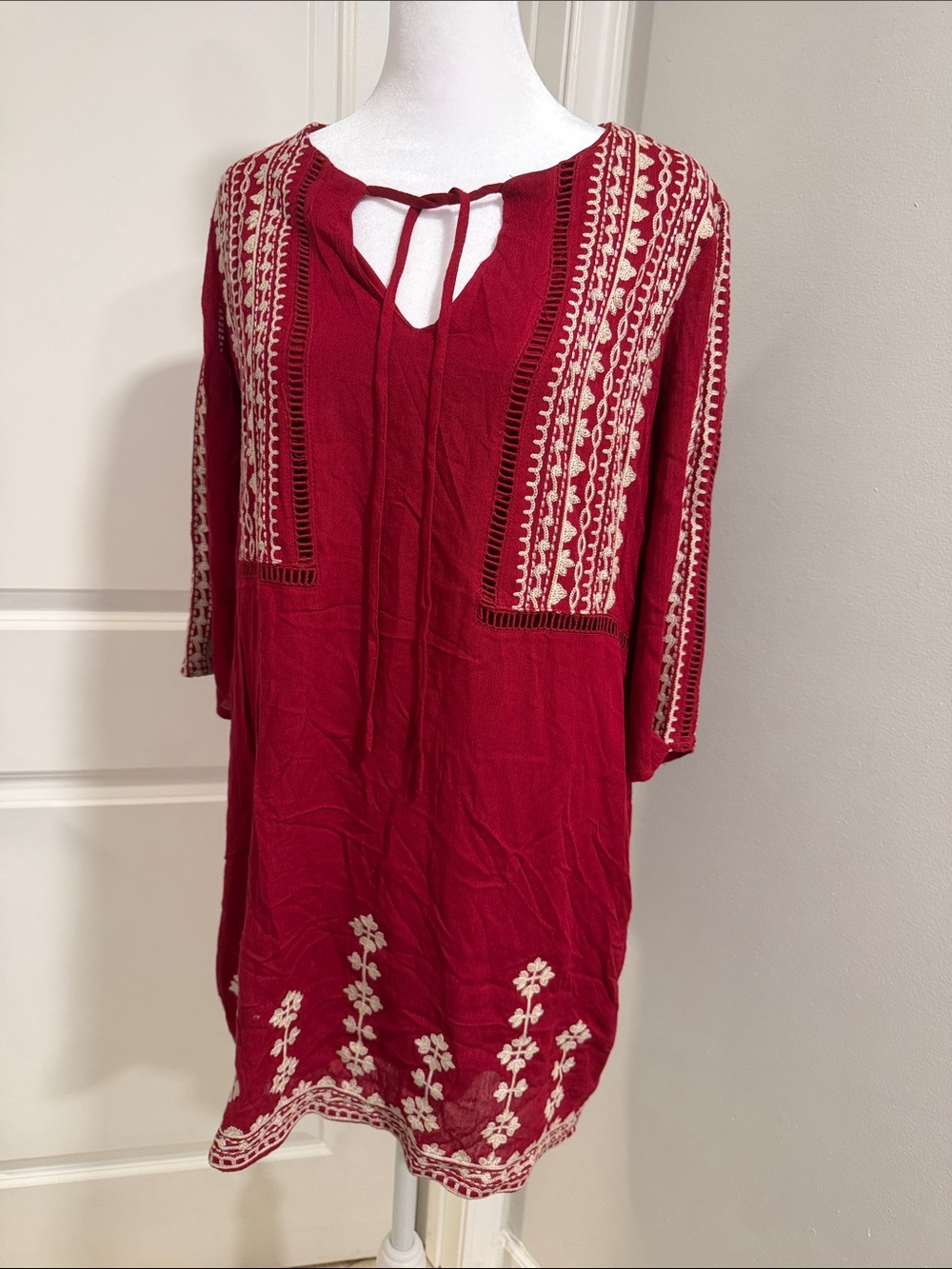 Alya Red Embroidered Tie-Neck Mini Dress